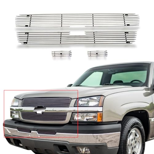 Front Grille Fits 2003-2005 Chevy Silverado 1500/1500HD/2003-2004 2500/2500HD/3500/Chevy Avalanche 1500/2500 2002-2006 Without Body Cladding Billet polished Upper Lower Grille Replacement Part