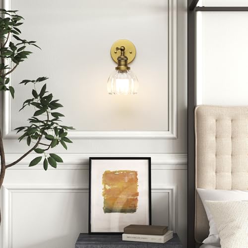 Image of Phansthy Vintage Battery Operated Wall Sconce with Transparent Tulip Glass Lampshade, USB Rechargeable Battery Powered Wall Light with 12 RGB Remote Control for Bedside Bedroom Doorway (Antique)