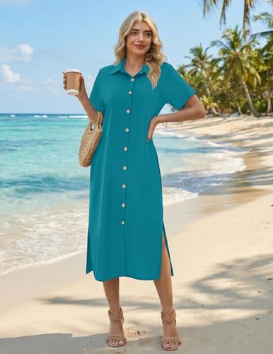 Image of HOTOUCH Womens Dress Summer Casual Midi Short Sleeve Button Down Shirt Dresses Loose Beach Cover Up with Pockets