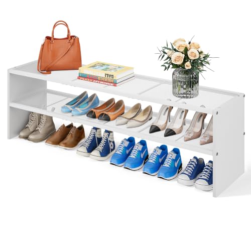 45.9In Long Shoe Rack For Closet/Entryway,Shoe Storage Shelf Organizer | 2 Tier Free Standing White Shoe Racks Shelves, Sturdy Stackable Metal Wood Combination Shoe Holder, Fits 15-18 Pairs of Shoes
