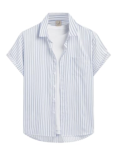 Hardaddy Men's Casual Striped Shirts Button Down Short Sleeve Blouse Summer Hawaiian Shirt Blue-White L