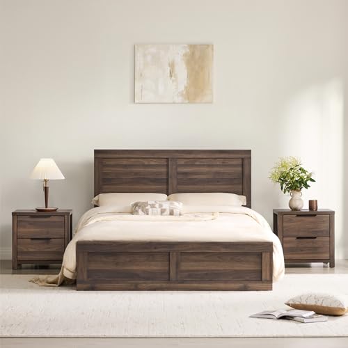 KISLOT 3 Pieces Bedroom Set, Queen Size Wood Platform Bed Frame and 2 Nightstands, Storage Nightstand with Type-C Charging Port, Farmhouse Bedroom Furniture Set