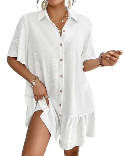 Bsubseach Womens Swimsuit Coverup Button Down Bathing Suit Cover Up Swimwear Bell Sleeve Beach Shirt Dress
