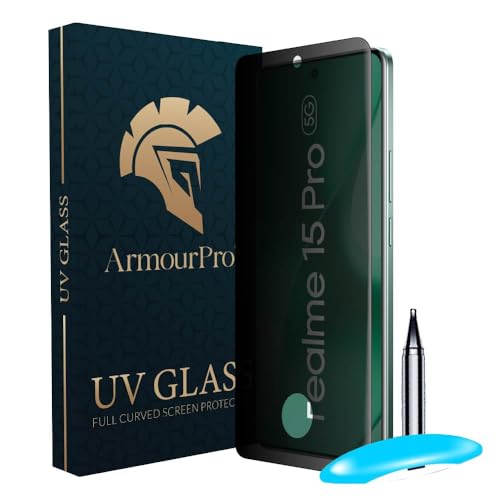 Image of ArmourPro UV Privacy Tempered Glass Compatible for Realme 15 and 15 Pro (6.8 Inch, Pack of 1) Edge to Edge Full SCreen Coverage & Installation Kit | Anti-Spy /Anti-Peeping 9H Hardness