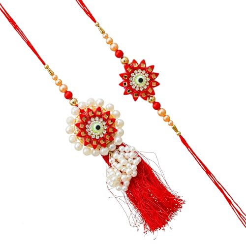 Image of eCraftIndia Set of 2 Kundan Beads Beautiful Peacock Designer Rakhis with Roli Chawal Pack