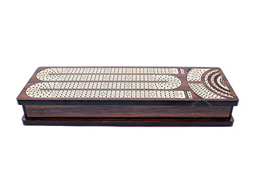 Tablero y caja de cribbage continuo House of Cribbage, incrustado en palisandro y arce: 4 pistas, cajones laterales con campos para marcar skunks, esquinas y partidas ganadas miniatura 2