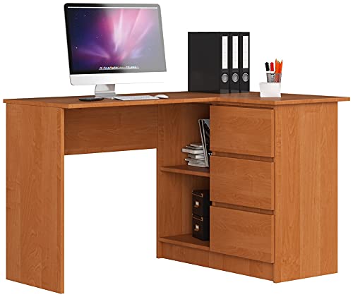 AKORD Bureau d'angle avec 2 étagères et 3 Tiroirs | Table avec Meuble de Rangement intégré et modulable | L124 x H77 x P85 | Fourniture Bureau | Aulne