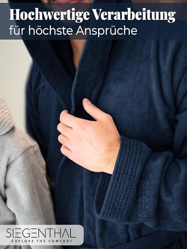 SIEGENTHAL® Herren Bademantel Frottee Velours 100% Baumwolle - Kapuzenbademantel, weich, saugfähig, warm, lang, Luxus, Premium, Wellness, Spa, hochwertige Verarbeitung, Dunkelblau M L