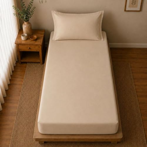 Image of Linen Home Cotton Percale Fitted Bedsheet Set Single Size Light Taupe