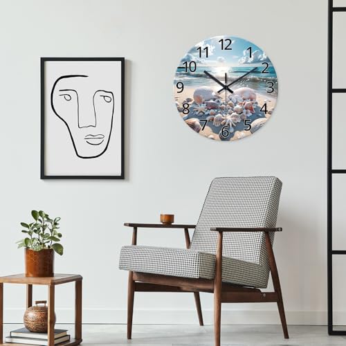 Image of XNM Analog Glass Blue Beach Wall Clocks Battery Operated 12 Inch | Round Sea Shell Wall Clocks for Living Room Bathroom Bedroom Kitchen Office Coastal Modern Wall Clock Non Ticking