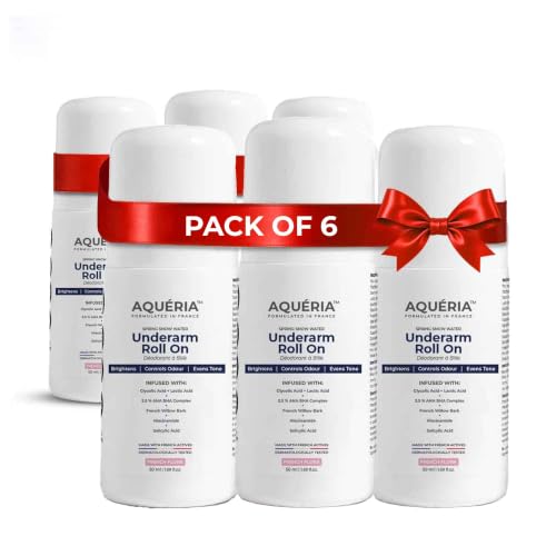 Image of Aqueria Pack of 6 5.5% AHA BHA French Underarm Brightening Roll On | 48H Odour Control | Flora Fragrance with 2% Niacinamide | Multi Actives, Glycolic Acid, Lactic Acid | Prevents Odor, Kills Bacteria | Exfoliates, Reduces Pigmentation & Discoloration for Even-Toned Underarms | Brightens Skin & Exfoliates Underarm | Alcohol & Aluminium Free | Deodorant for Men & Women | (50ml x 6)