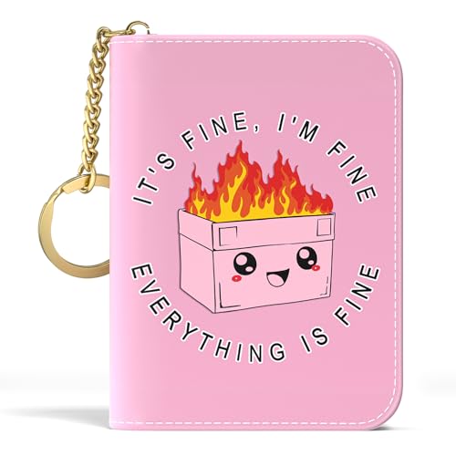 Image of Aiawoxc Credit Card Holder, Small RFID Wallet Slim Leather Card Organizer Case with Zipper and Keychain, Pink Cute Dumpster