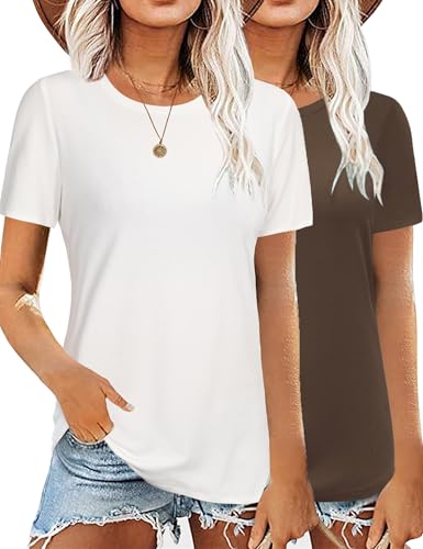 Aottori Camiseta Verano Mujer Pack de 2 Manga Corta T Shirt Cuello Redondo Algodón Básica Blusas Top Elegante Stretchy Ligero Sólido Casual tee Shirts Blanco+Marrón XL
