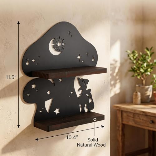 Image of Wooden Mushroom Shelf with Iron Backing - Whimsy Wall Decor for Crystals, Oils & Trinket Shelf Witchy Decor, Mushroom Decor & Fairy Core Decors Witchy Gifts for Women (1, Mushroom)
