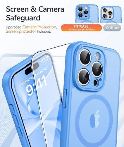Image of FNTCASE for iPhone 15 Pro Max Case: [Compatible with Magsafe] Translucent Matte Cases with [Full Camera Protection] [Screen Protector] Military Grade Shockproof Protective Phone Cover - Ice Blue