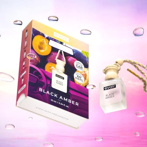 Image of Evair Black Amber Car Air Freshener | Hanging Car Perfume | Premium Car Fresheners | Car Aroma with Essential Oils| Hanging Perfume for Car in Glass Bottle with Wooden Diffuser Lid (10ml, Pack of 1)