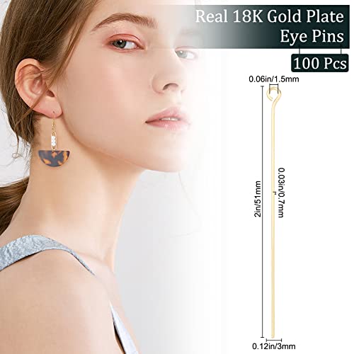 Beebeecraft 100Pcs/Box Open Eye Pins 18K Gold Plated Earring Head Pins 50mm Jewelry Making Findings for Charm Beads DIY Jewellery Making Hole: 1.5mm - Image 2