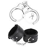 Handschellen Set, 1x Metall & 1x Leder-Plüsch Fessel, Sexspielzeug für Paare, Kostüm Accessoire für Polizei & Halloween, BDSM Set, Schwarz