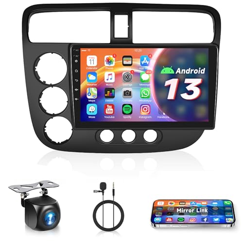 Car Radio for Honda Civic 2001-2005 Android Car Stereo, Rimoody 9 Inch Touchscreen Support GPS Navigation WiFi Mirror Link FM/RDS EQ SWC Rear View Camera Microphone