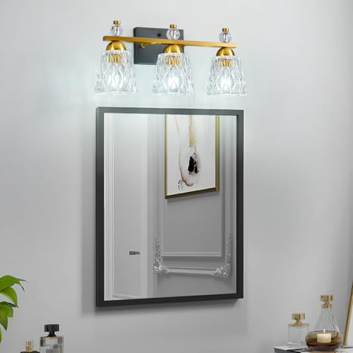Image of 3 Light Bathroom Vanity Light, Black Gold Bathroom Light Fixtures with Textured Glass Shades Modern Vanity Lighting Wall Mount Over Mirror