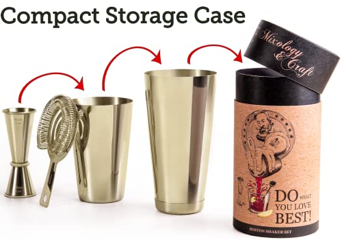 Mixology Cocktail Shaker Boston Shaker Set Professional Weighted Martini Shakers, Strainer And Japanese Jigger, Portable Bar Set For Drink Mixer Bartending, Exclusive Recipes Cards (Gold) #TOP3
