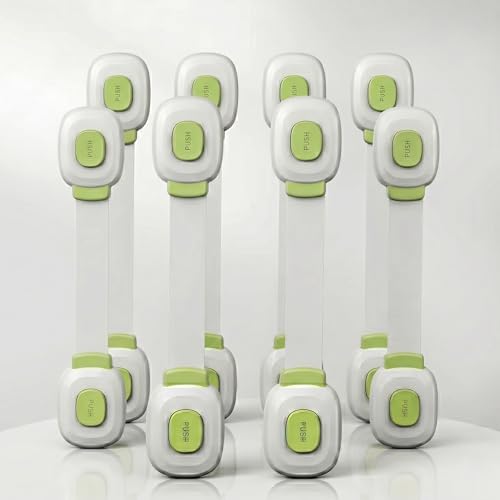 Image of Safe-O-Kid Push Key Multipurpose Child Safety Lock for Cabinets, Drawers, Fridge & Cupboards | Baby Safety Lock with Strong Adhesive | Prevents Finger Pinch Injuries | Pack of 8, (Green)