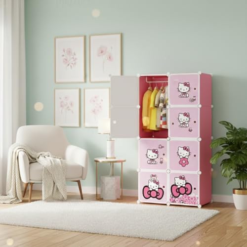 Image of KRISHYAM Kids Modular Storage Cabinet with Pink Kitty Cartoon Design Doors, 8 Cube Plastic Wardrobe Organizer, DIY Closet System with Hanging Rod, Toy & Clothes Storage (Hello Kitty, 8 Box)