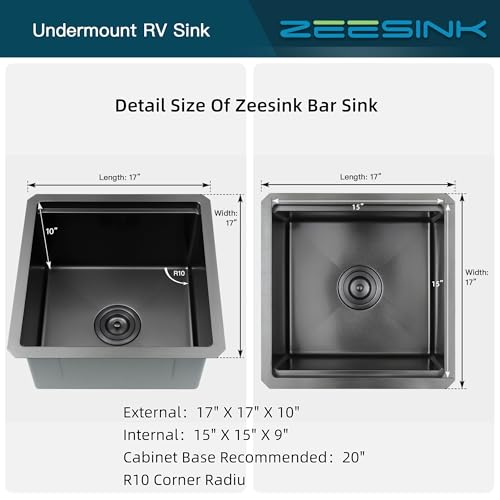 Image of Black Bar Sink 17 inch X 17 inch,16 Gauge Stainless Steel Undermount Bar & Prep Sinks,Small Bar Sink /RV Sink /Camping Van Sink (Black, 17 X 17 inch)