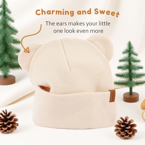 DANMY Baby Beanie Warm Winter Hat with Bear Ear for Infant Toddler Boys Girls Child Soft Knitted Skull Cap 0-6 Months