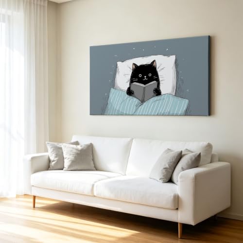 Tableau sur toile enfant décoration chat noir cartoon gris 90 x 60 cm
