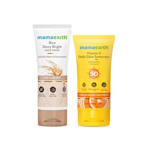 Image of Mamaearth Rice Face Wash with Rice Water & Niacinamide (100ml) + Vitamin C Daily Glow Sunscreen SPF 50 PA++++ (50g) | Brightening Skincare Combo | Cleanses, Hydrates & Protects Skin