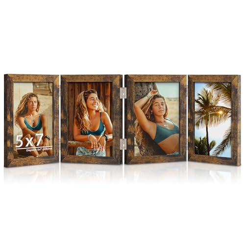 Image of DUENPY 4 Folding 5x7 Accordion Wood Frame Plexiglass Brown | Constructed With Engineered Wood And Plexiglass, Elegant Ornament For Desktop Photo Display