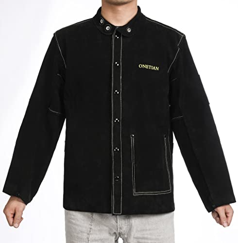 Onetian Black Full Leather Heavy Duty Coat, Welding Jacket With Enhanced Buttons For Man And Women; Heat And Flame Resistant, X-Large #TOP2