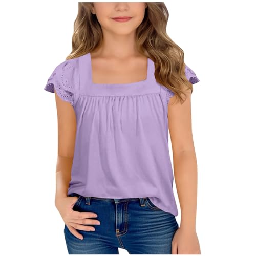 Girls Cute Hollow Ruffle Flutter Sleeve T-Shirts Casual Loose Pleated Square Neck Summer Tops for Kids 5-15 Years