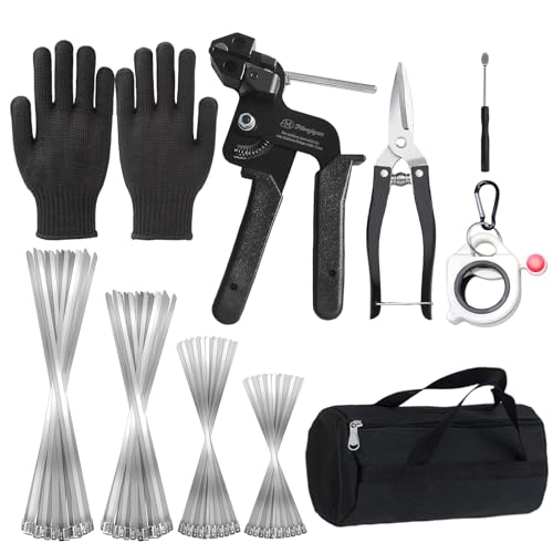 Metal cable tie gun set,contains 200 heavy-duty outdoor stainless steel cable ties,suitable for chain link fence components,wire mesh rolls,exhaust pipe winding,poultry fencing,boat construction,etc