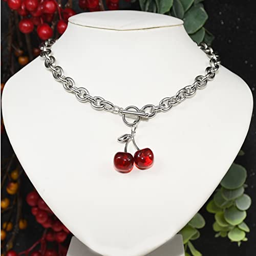 Punk Sweet Cherry Pendant Stainless Steel Necklace Ot Buckle Gothic Street Harajuku Adjustable Link Chain Lovely Choker Collar Jewelry For Women Men-Red #TOP2