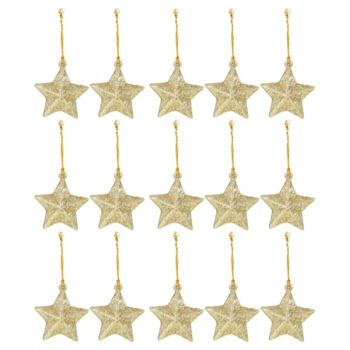 30pcs Star Christmas Tree Ornaments Gold Glitter Stars Festive Embellishment Shatterproof Holiday Star Shaped Hanging Decor for DIY Window Door Wall Table Decoration