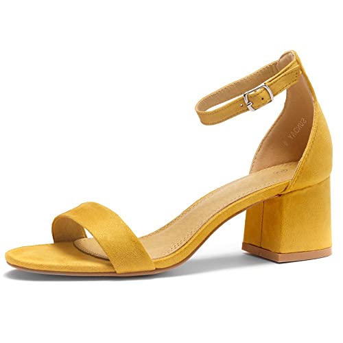 Herstyle Women’s Low Heels – Open Toe Chunky Block Heeled Sandals with Ankle Strap - Comfortable Dressy Short Heels for Prom, Wedding, Party & Office, Mustard, Size 6.0, Sunday