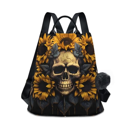 BOENLE Sunflower Smile Skull Travel Backpack Purse for Women Multipurpose Design Ladies Fashion Bag with Pompom