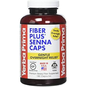 Yerba Prima Fiber Plus Senna Capsules, 180 Count – Gentle Overnight Relief, USA Made, Non-GMO, Gluten-Free