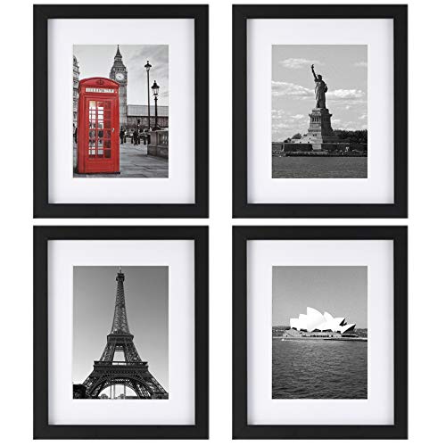 ONE WALL Tempered Glass 8x10 Picture Frame Set of 4 with Mats for 5x7, 4x6 Photo, Black Wood Frame for Wall and Tabletop - Mounting Hardware Included