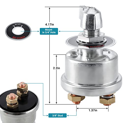 Pindex 12V-48V High Current Master Battery Disconnect Switch Kit,250A Continuous 1000A Intermittent Replacement Switch Power Spst Kill Cutoff With Copper Contacts #TOP5