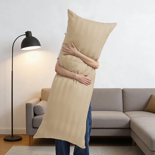 Image of 100% Egyptian Cotton Body Pillow Cover Long Pillow Case, 600 Thread Count Bed Pillow Protector with Zipper, Sateen Weave Full Body Pillowcase for Adults 20x54 Inches (1PC, Body, Striped Beige)