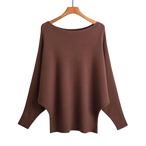 Image of Blostirno Women's Boat Neck Batwing Sleeves Dolman Ribbed Knitted Sweaters Pullovers Tops