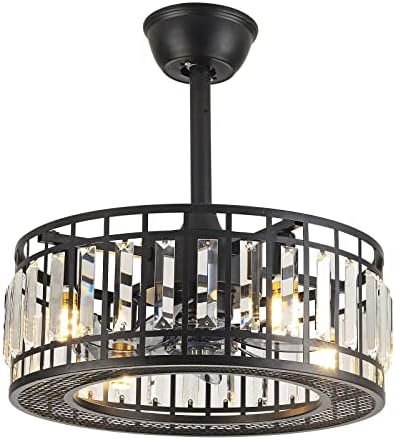 LOYALHEARTDY 18" Industrial Crystal Ceiling Fan with LED Light Remote Control, 3-Speed Enclosed Caged Ceiling Fan Downrod Mount Metal Black Edison Chandelier Fan with 7 Invisible Blades