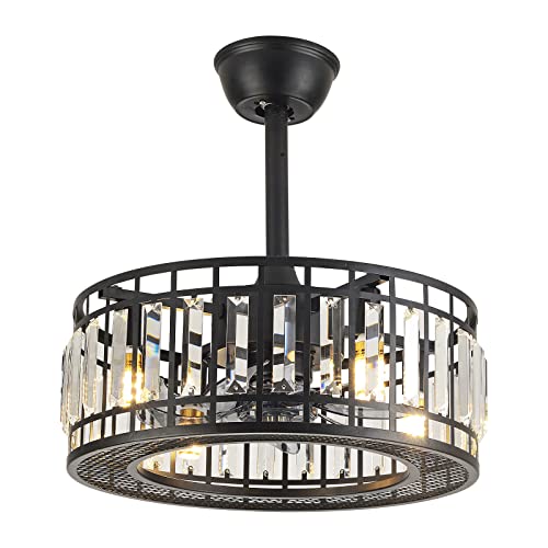 Loyalheartdy 18" Industrial Crystal Ceiling Fan With Led Light Remote Control, 3-Speed Enclosed Caged Ceiling Fan Downrod Mount Metal Black Edison Chandelier Fan With 7 Invisible Blades #TOP17