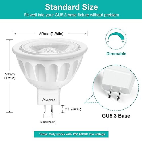 ALEXPEX Dimmable MR16 LED Bulbs, 5000K Daylight 500LM Bright(50W Equivalent), 40-Degree, AC/DC 12V GU5.3 Bi-Pin Base Bulbs for Indoor/Outdoor Landscape Spotlight Track Recessed Lighting, 10 Pack by ALEXPEX - Image 3