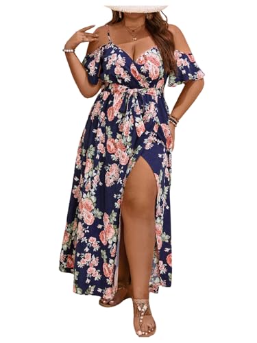 Image of Floerns Women's Plus Size Cold Shoulder Short Sleeve Split Thigh Long Dress