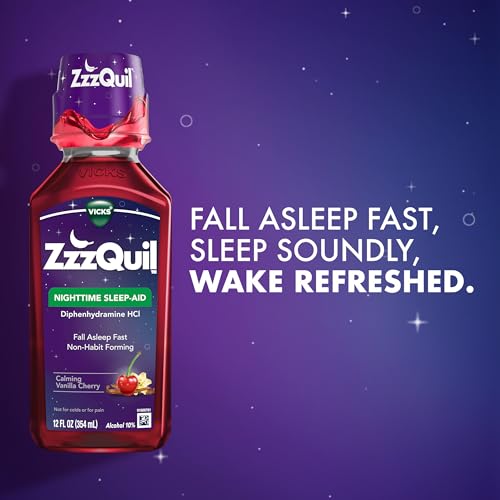zzzquil nighttime sleep aid liquid 50 mg diphenhydramine hcl no1 sleep aid brand fall asleep fast non-habit forming calming vanilla cherry 12 fl oz