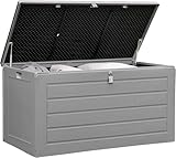 Olsen & Smith 680L XL Outdoor Garden Storage Box, Weatherproof Wood Effect Outdoor Storage Box, Lockable Large Storage Box with Lid, Padlock, Seat, Storage Boxes with Lids, Anthracite, 146 x 71 x 75cm